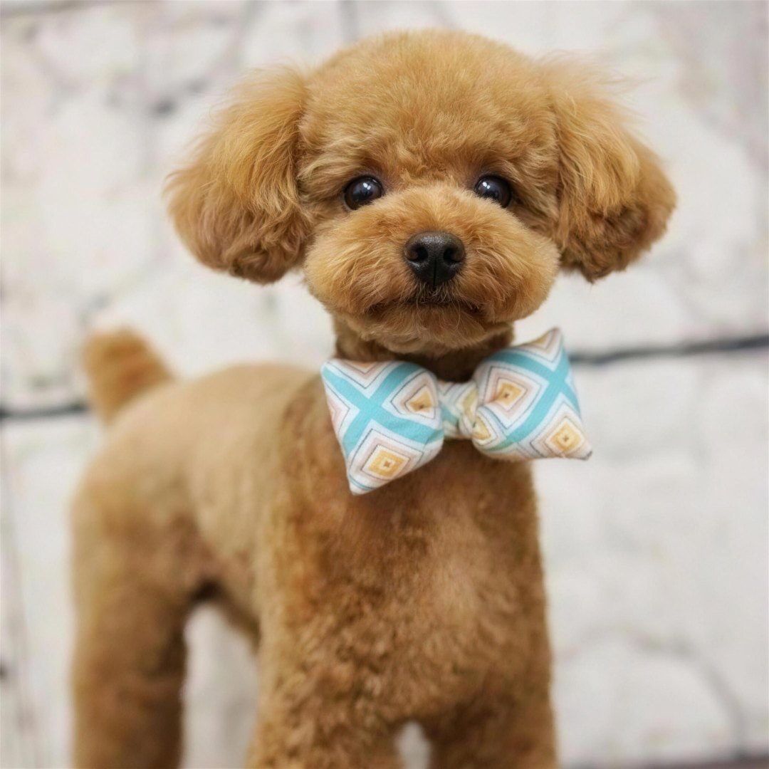 Apricot poodle standing after a full groom, teddy-bear head and bow tie, full body