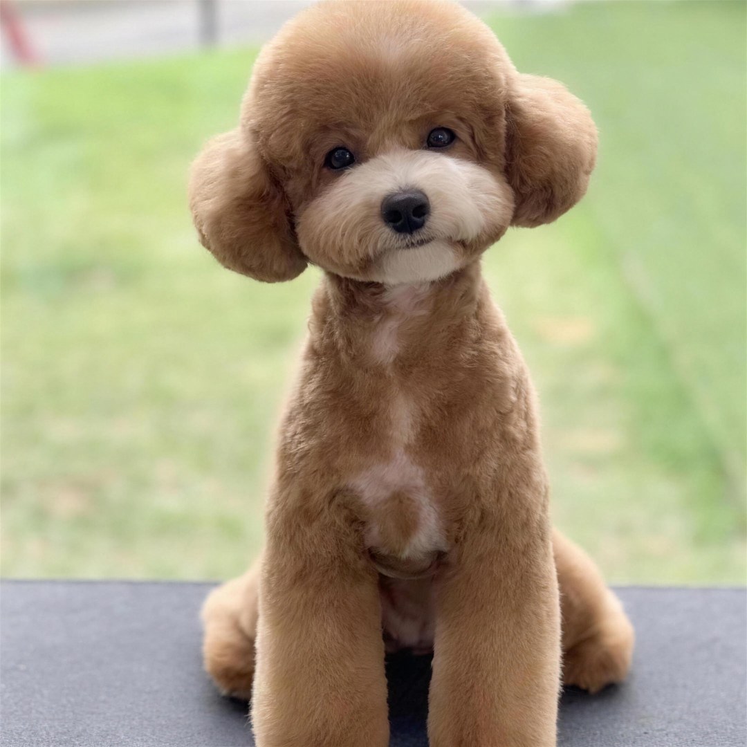 Apricot poodle sitting after a style trim, sculpted legs and teddy-bear head, full body